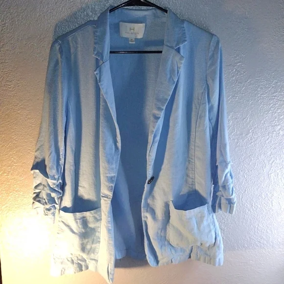 Light Blue H Halston Linen Blend Blazer with Ruffled Sleeves M - Picture 1 of 6